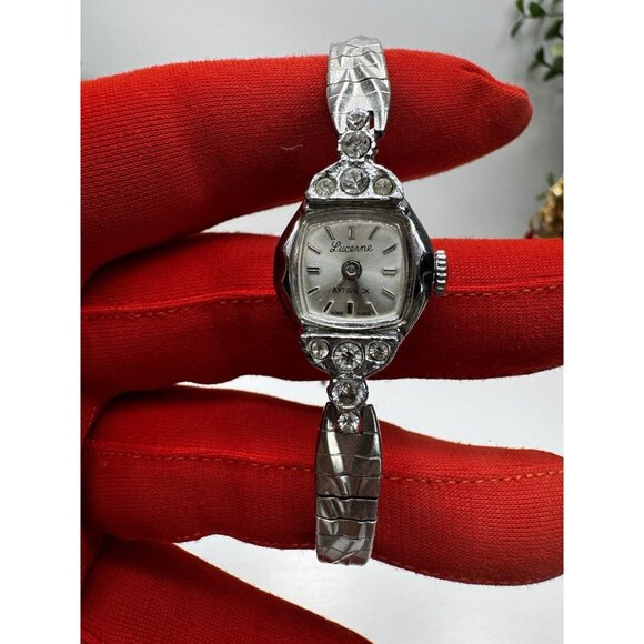 Vintage Lucerne Ladies Watch Rhinestone Silver Tone Antishock Hong Kong 7” Runs - Picture 1 of 11